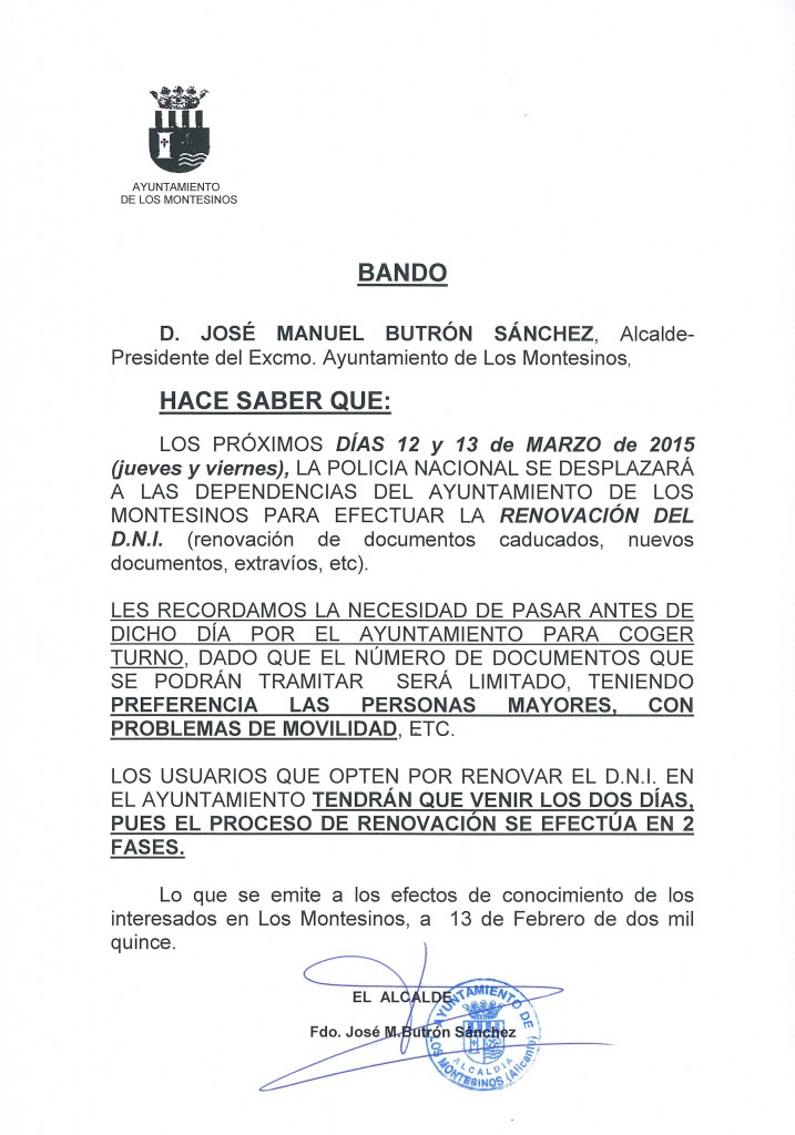 Bando renovación del DNI en Marzo 2015