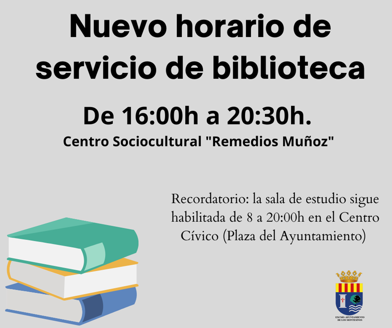 Nuevo horario del Servicio de Biblioteca-Centro Sociocultural Remedios Muñoz