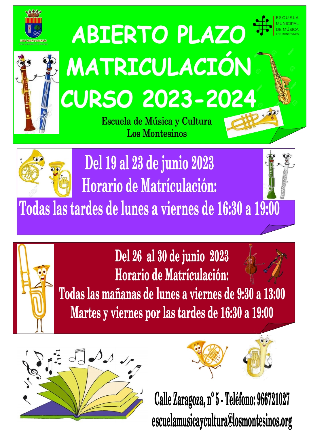 Plazo Matrículas Escuela Música curso 2023 2024 Los Montesinos