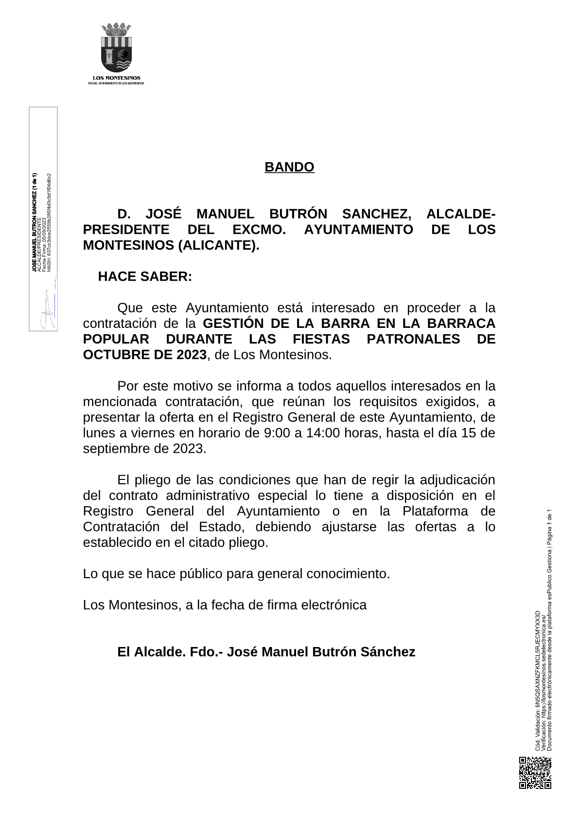 Contratación gestión barra de la barraca popular, Fiestas Patronales 2023