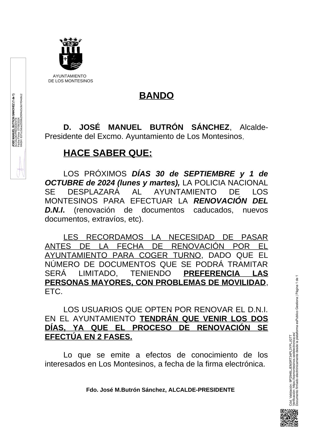 Bando próxima renovación del DNI en el Ayuntamiento