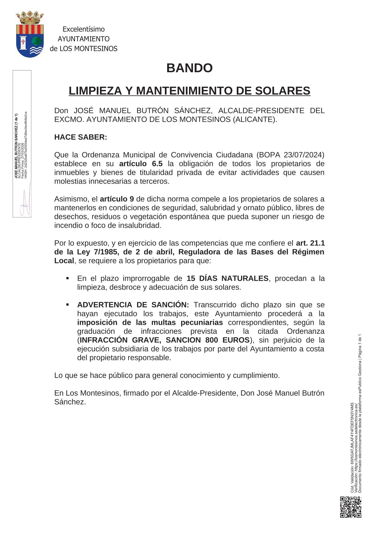 Bando mantenimiento solares 2026 Montesinos