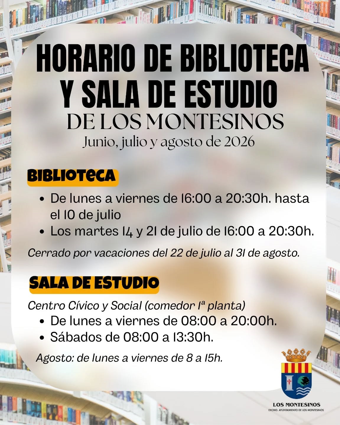 Horario de verano Biblioteca Municipal y Sala de Estudio, 2026