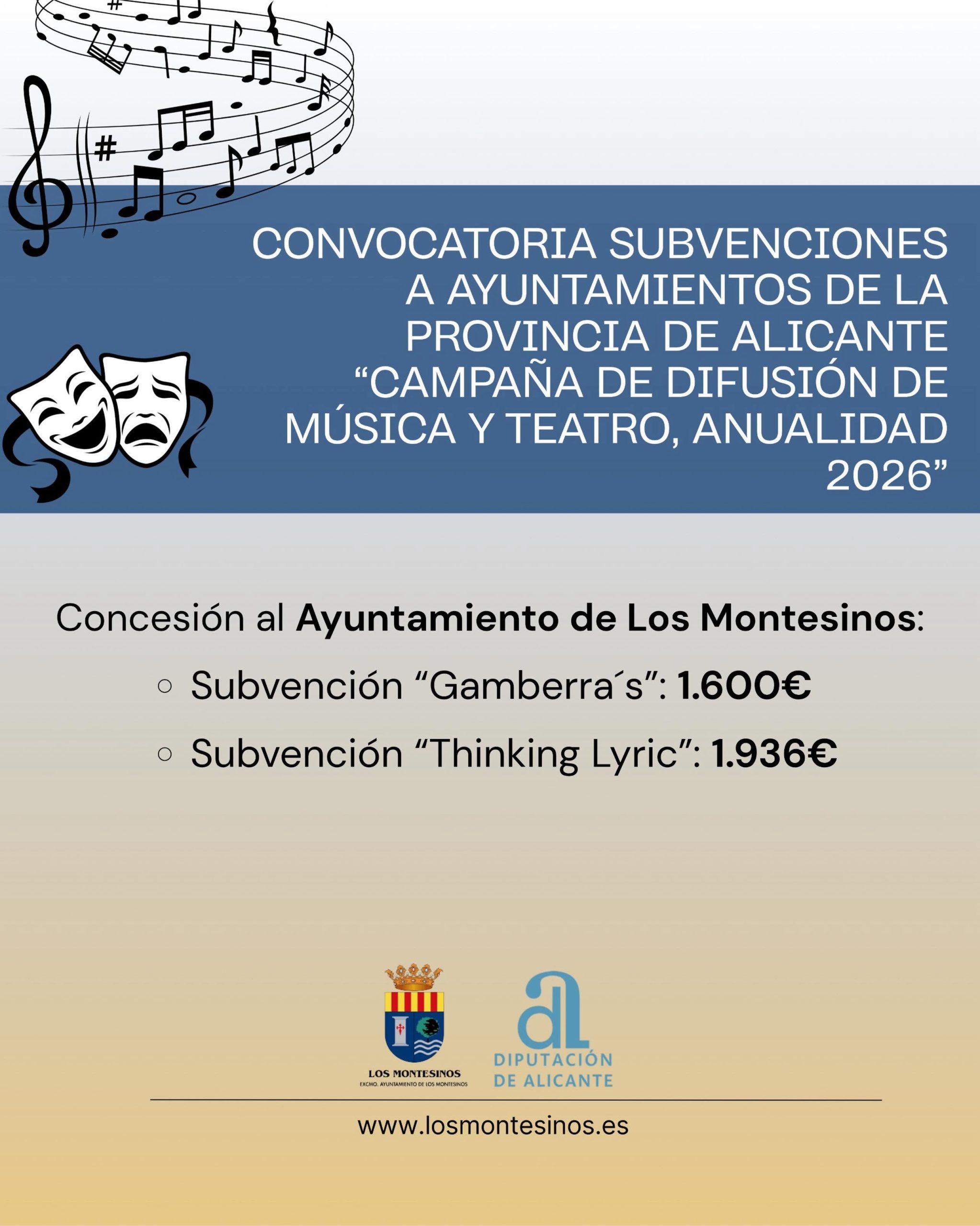 Subvención Diputación Convocatoria Música y Teatro, Los Montesinos 2026
