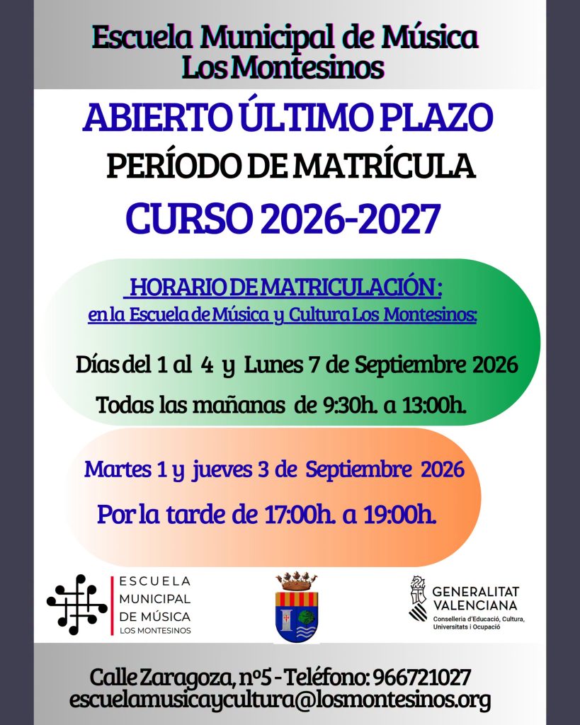 Plazo extraordinario matrículas Escuela Municipal de Música, curso 2026 - 2027