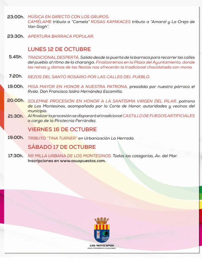 Programación de actos y eventos, Fiestas Patronales de Los Montesinos 2026
